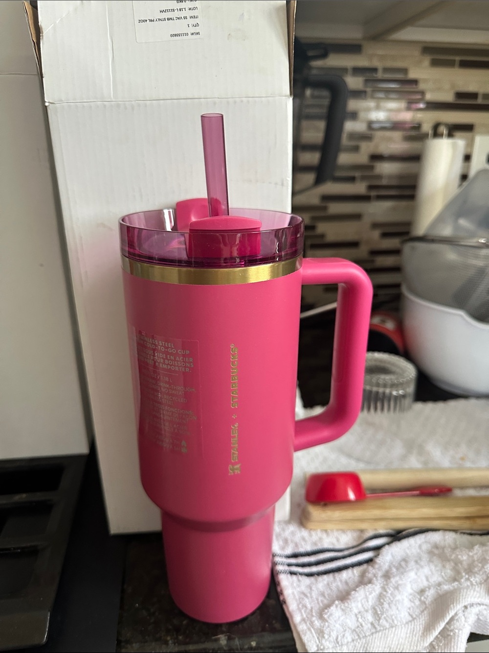 Stanley Pink Insulated Travel Mug with Handle and Straw